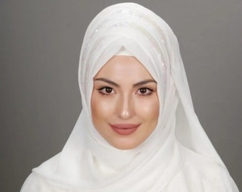 Klaar om bruidstulband te dragen, 2p2p witte lovertjes ecru kleur sjaal, bruids hijab, chiffon hijab, ecru moslim bruiloft islamitische bruids tulband