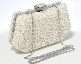 Pochette de mariée détaillée avec perles, pierres de cristal, mini sac pour robe de soirée ivoire authentique, sac à main de luxe en perles de mariage bohème avec chaîne amovible