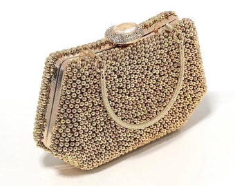 Pochette vintage avec perles dorées et pierres de cristal, mini sac pour robe de soirée authentique, sac à main de luxe en perles de mariage bohème avec chaîne amovible