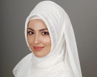 Braut Hijab, Bereit zu tragen Spitze detaillierte Chiffon Hijab, Ecru Muslimische Hochzeit Spitze Hijab, Islamische Braut Turban, 70x180cm Hijab für Bräute