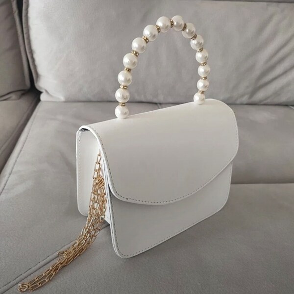 Faux Leather Bridal White Clutch, Pearls and Gold detailed Evening Dress Bag, Simple Mini Wedding Purse, Classic Minimalist Wedding Clutch