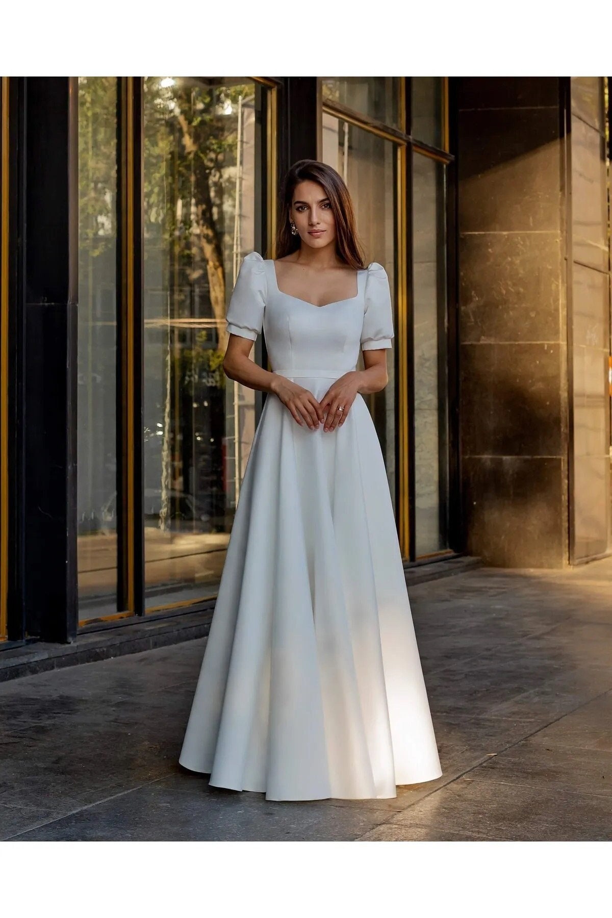 Simple Organza Short Detachable Puff Sleeves Plunge Neckline Aline Full  Wedding Dress Bridal Gown Short Train Open Back Minimalist - Etsy