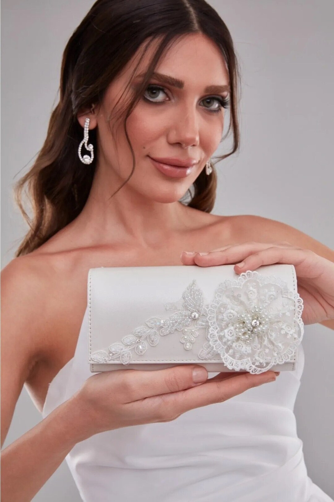 Bridal Clutch Bag, Pearl Appliqued Bridal Bag, Floral Pearls Bridal