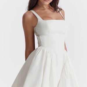 Sleeveless Square Neck Backless Mini Wedding Dress, Short Ruched Ivory ...