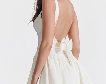 Sleeveless Square Neck Backless Mini Wedding Dress, Short Ruched