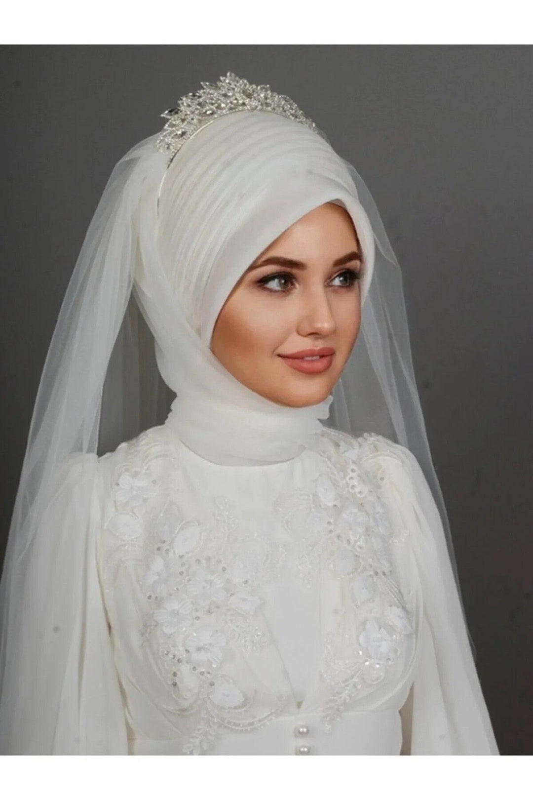 Front 7 Draped Bridal Hijab Veil, Ready to Wear Turban, Ecru Ready to