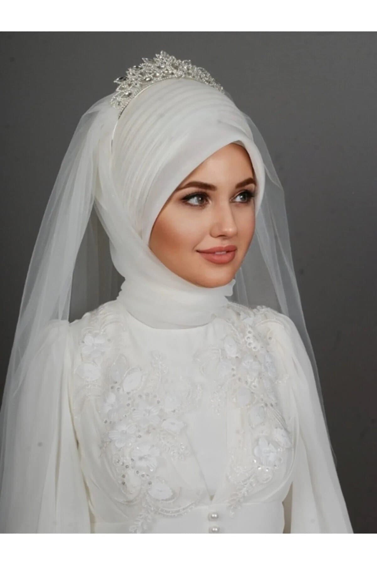 Pearl Turban Headband Wedding Veil for Modest Hijabi Bride, Lace