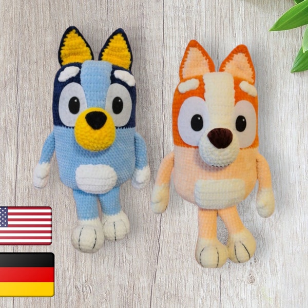 Blauw en oranje Heeler hondje, haakpatroon Engels en Duits