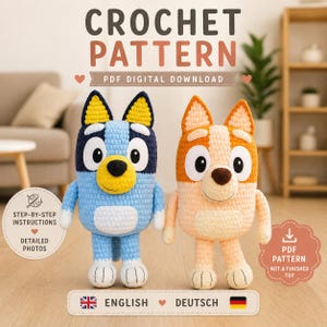 May include: Two crochet toy patterns are shown, one blue and one orange, resembling cartoon characters. The image includes text that reads "CROCHET PATTERN PDF DIGITAL DOWNLOAD." Additional text indicates "STEP-BY-STEP INSTRUCTIONS" and "DETAILED PHOTOS."