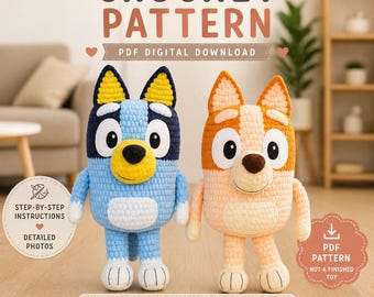 May include: Two crochet toy patterns are featured, one blue and one orange, resembling cartoon characters. The image includes text that reads "CROCHET PATTERN PDF DIGITAL DOWNLOAD." Additional text indicates "STEP-BY-STEP INSTRUCTIONS" and "DETAILED PHOTOS."