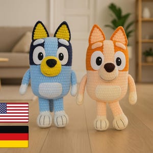 Heeler Hund in blau und orange, Häkelanleitung englisch und deutsch
