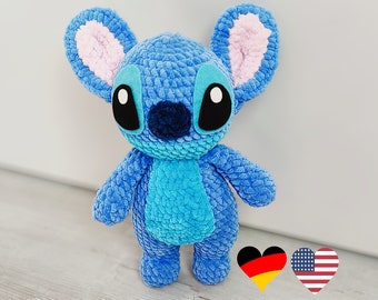 Wzór na szydełkowego niebieskiego kosmity, szydełkowa koala, pluszowa zabawka, PDF po angielsku i niemiecku, amigurumi koali, amigurumi niebieskiego potwora
