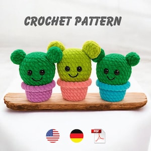 Crochet Cactus Pattern – Cute Amigurumi Plant in Pot, Plush Home Decor, Beginner PDF Tutorial, Low Sew, English & German