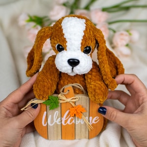 May include: A plush, brown and white dog toy with large, floppy ears and black eyes. The dog is holding a small, orange pumpkin-shaped sign that reads "Welcome" in white lettering. The sign has decorative leaves and a twine bow.