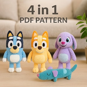4-in-1 Crochet Pattern Bundle – Floppy Dog, Red Puppy, Bunny & Long Dog Plushie | No-Sew Amigurumi PDF (Instant Download)