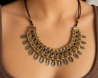 Tribal Statement Necklace – Indian Ethnic Jewelry, Antique Gold Boho Bib Necklace, Festival Necklace for Women