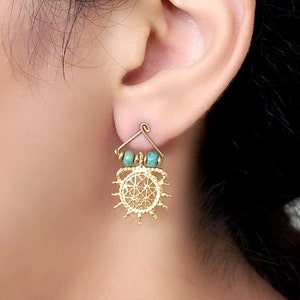 Turkish gold ethnic earrings Turquoise beaded boho jewelry Gift for her