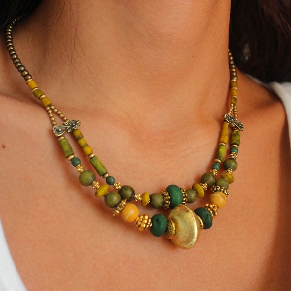 Indian beaded necklace for women  Multi strand green nepali necklace Boho Gypsy bib necklace Tibetan bib necklace Bohemian jewelry for lady