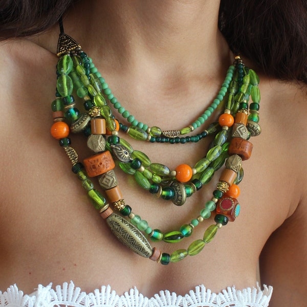 multi strands green statement necklace for women boho beaded necklace for women ethnic green necklace multilayer bib necklace big jewelry