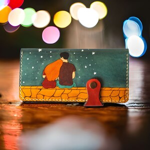 Cartera de cuero larga pintada a mano para mujer, encantadora cartera de mujer pareja