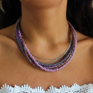 Purple ethnic beaded necklace for women Seed beads necklace for ladies Turkish beaded collier Purple jewelry Multi strand necklace for her