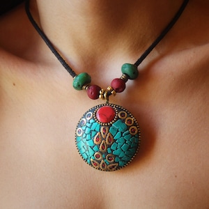 Boho Mosaic Necklace: Turquoise Coral Pendant, Indian Vintage Jewelry