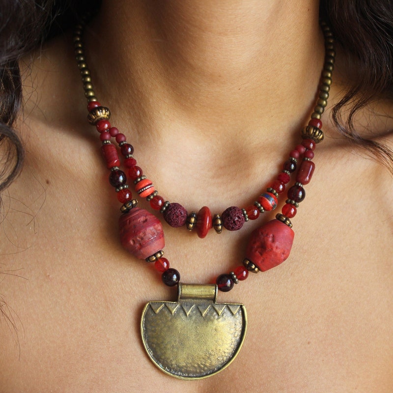 Red Bead Bib Necklace Set main image 1