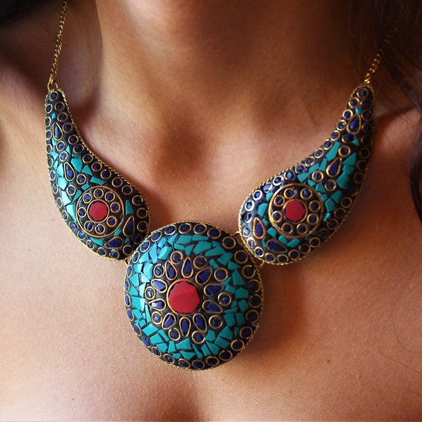 boho style nepali mosaic bib necklace for women tibetan gypsy choker indian statement necklace