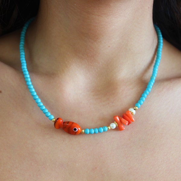 Ethnic beaded necklace for women cute goldfish jewelry Handmade unique jewellery