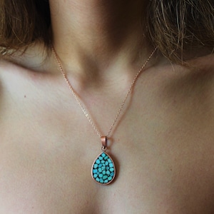 Persian Turquoise Teardrop Necklace: Copper Mosaic Gemstone Jewelry