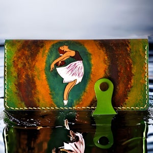 Cartera de cuero delgada para mujer, cartera larga pintada a mano, cartera de cuero real para mujer