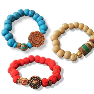3 Pcs Tibetan Nepali chunky stretch gemstone beaded bracelet vintage style jewelry Ethnic Tribal jewelry
