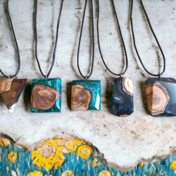 Wood and resin necklace epoxy pendant for women and men triangle nature jewelry boho unisex gift for her and him Unique jewelry