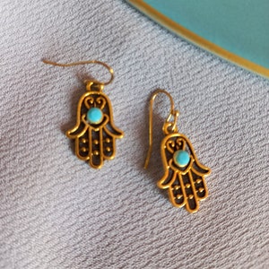 Gold Turkish hamsa earrings Ethnic hand earrings Islamic jewelry Arabic jewellery