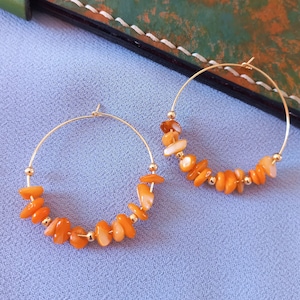 Orange coral gemstone earrings Statement earrings Hoop earrings Boho earrings Orange bold earrings