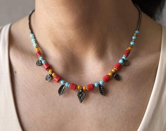 Boho Red & Turquoise Beaded Necklace – Handmade Ethnic Charm Necklace with Leaf Pendants for Women