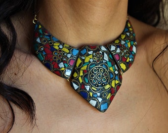 Arabic necklace Egyptian costume jewelry Artistic geometric necklace Boho style bib necklace Nepali Tibetan Gipsy long necklace