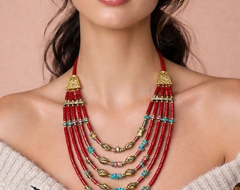 Boho Statement Necklace | Multi-Strand Beaded Jewelry with Turquoise Stones | Ethnic Tribal Necklace for Women