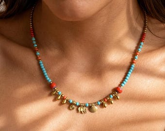 Turquoise & Coral Beaded Charm Necklace – Handmade Turkish Boho Jewelry for Women