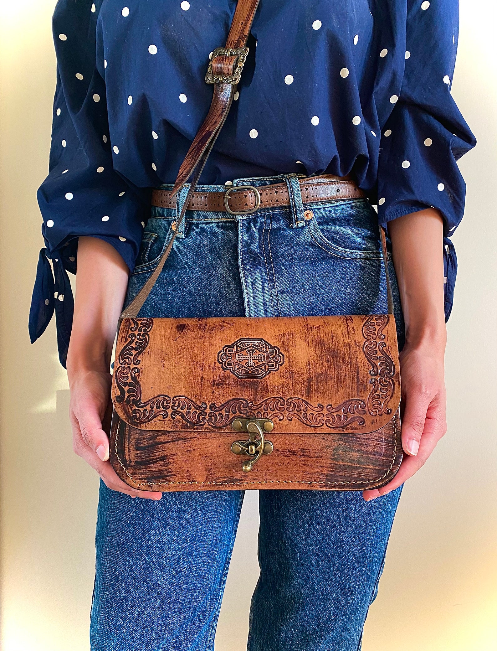 Hand tooled crossbody genuine leather shoulder bag purse for Etsy