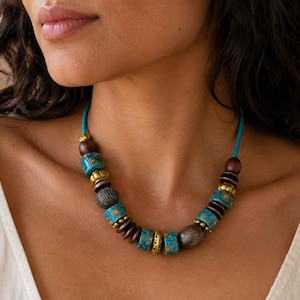 Turkish Chunky Wood Beaded Necklace – Tribal Boho Statement Jewelry image 1