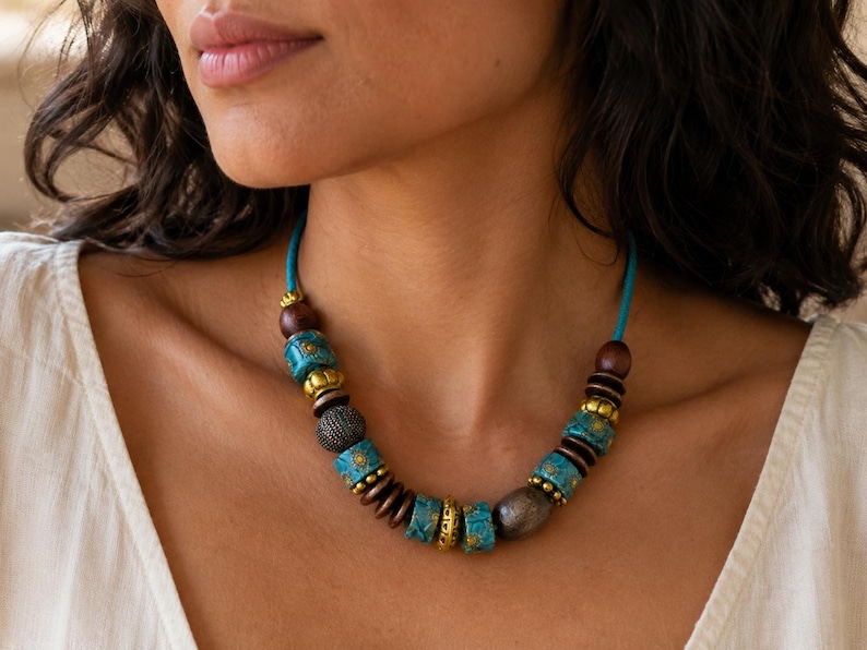 Turkish Chunky Wood Beaded Necklace – Tribal Boho Statement Jewelry image 1