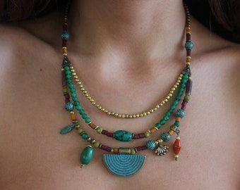 Boho Halsband Med Flertrådiga Pärlor För Kvinnor – Etniskt Statement Halsband, Tribal Smycken
