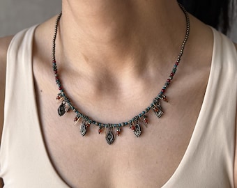 Turkish Ethnic Beaded Necklace for Women - Bohemian Charm Necklace with Tribal Pendants - Handmade Jewelry