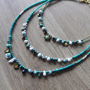 Handmade Turquoise Beaded Necklace: Gold Charm Evil Eye Boho Necklace