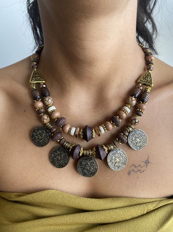 Turkish Boho Bronze Coin Statement Necklace – Layered Tribal Style Middle Eastern Jewelry