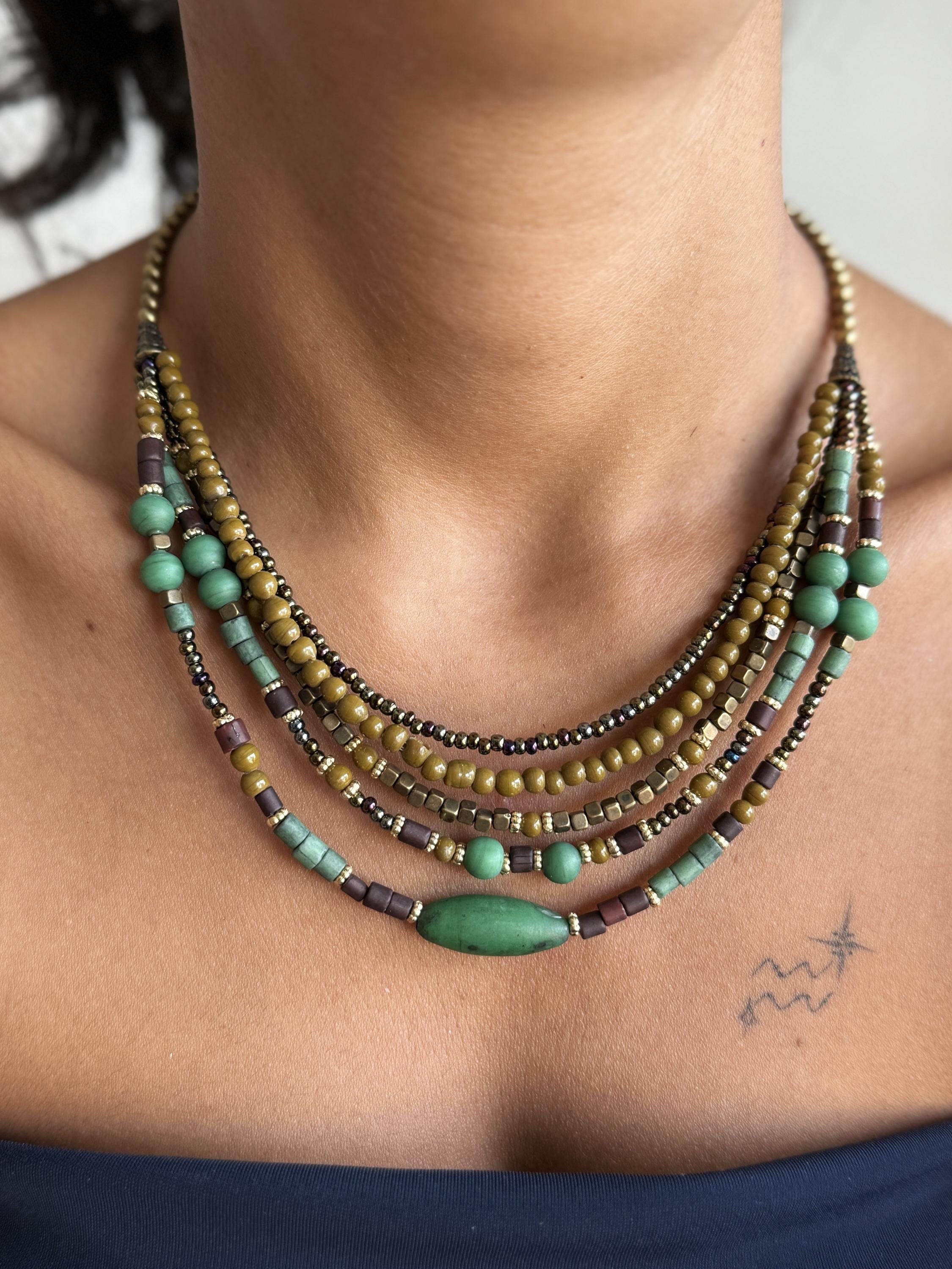 Multi strands beaded necklace Ethnic tribal necklace Statement necklace Boho necklace for women Handmade bohemian jewelry