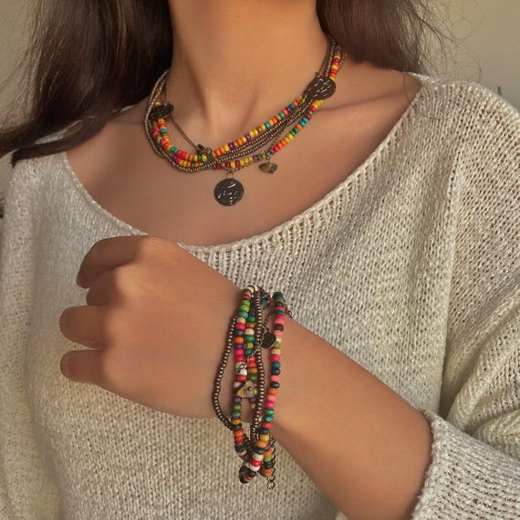 Chunky Boho Beaded Necklace Set for Women – Colorful Multi Strand Ethnic Statement Jewelry
