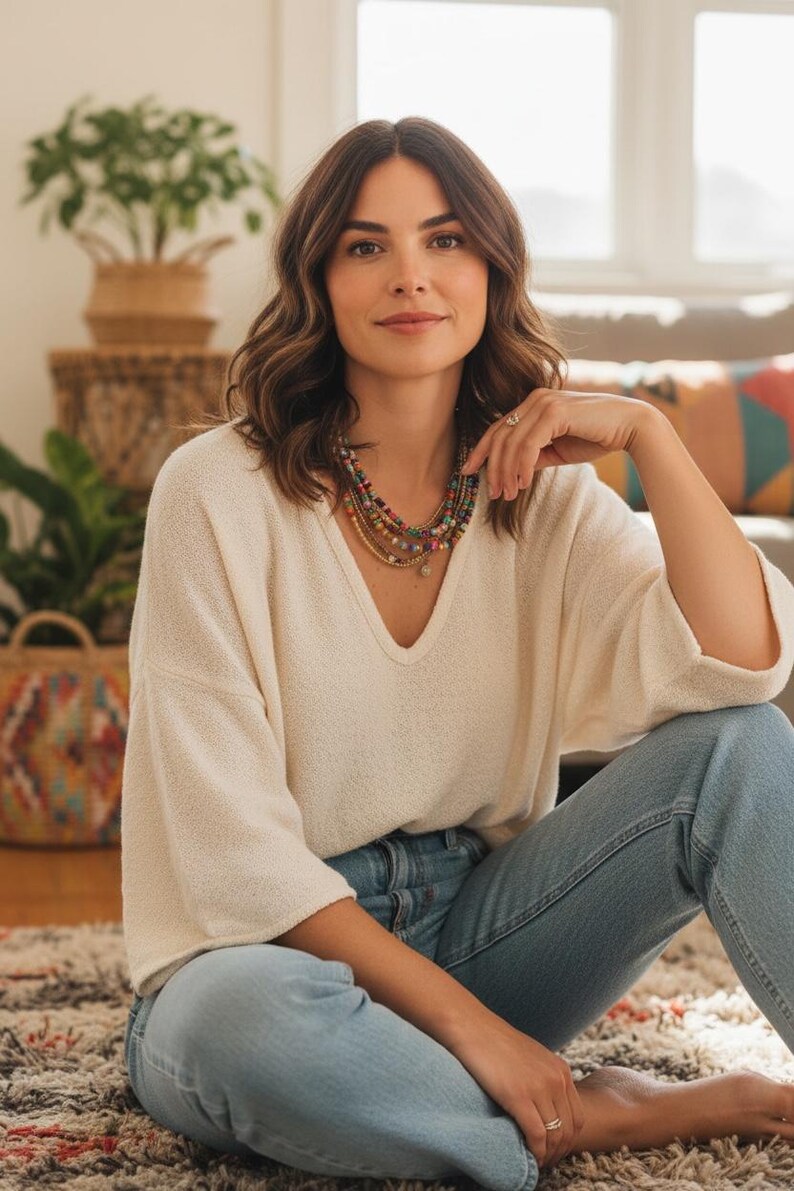 May include: A woman wearing a cream-colored, V-neck sweater and light blue jeans. She is wearing a multi-strand beaded necklace with various colors. The setting appears to be a living room with natural light.