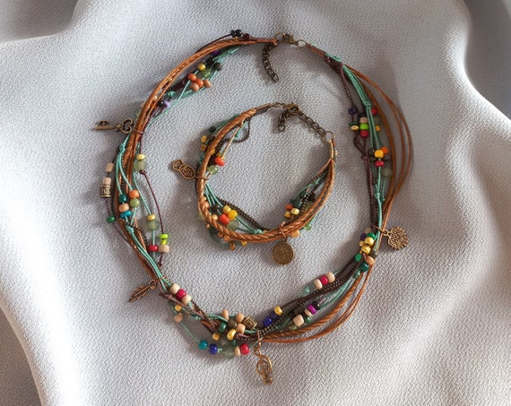 Handmade Turkish Boho Necklace Bracelet Set, Multi Strand Beaded Tribal Jewelry, Adjustable Rope Layered Necklace